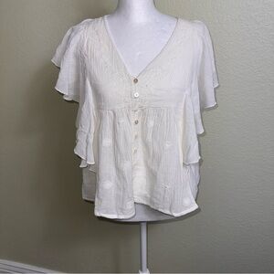RACHEL ROY Women's Blouse Size M Ivory Baby Doll Short Sleeve Sparkle‎ Ruffles